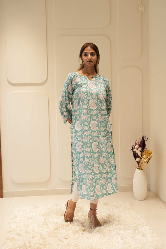 Mint Floral Printed Straight Kurta