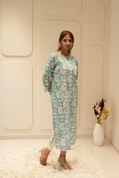 Mint Floral Printed Straight Kurta