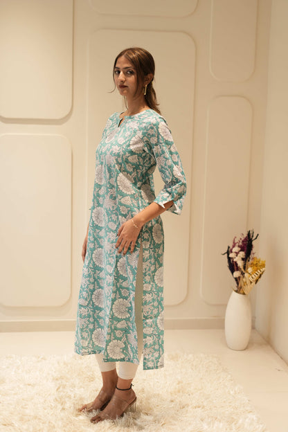 Mint Floral Printed Straight Kurta