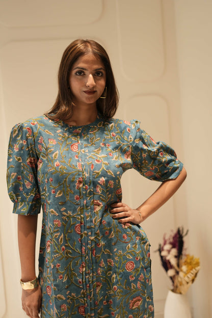 Teal Floral Printed Straight Kurta with Puff Sleeves