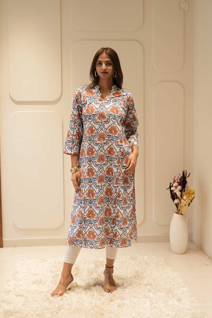 Ivory Blue & Rust Printed Straight Kurta