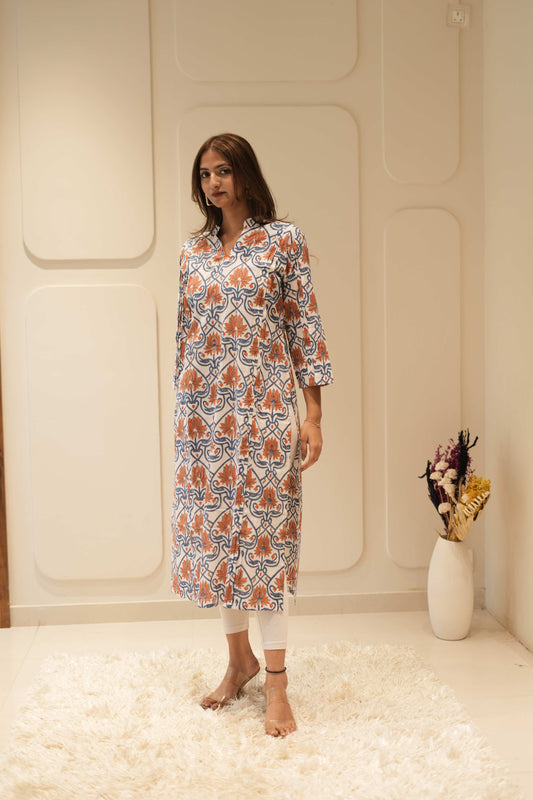 Ivory Blue & Rust Printed Straight Kurta