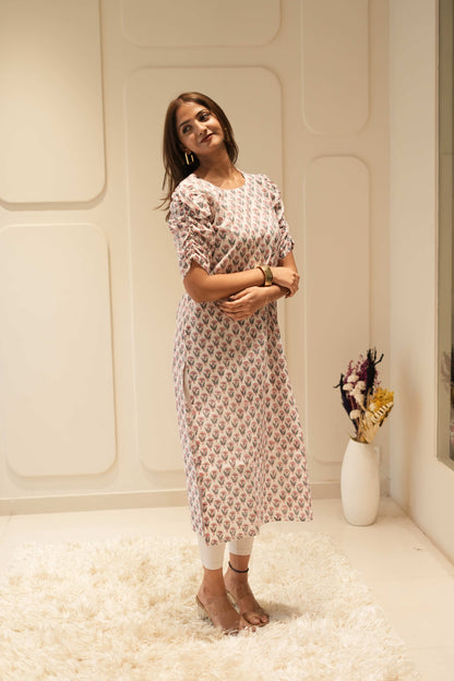 Ivory & Blush Buta Printed Straight Kurta with Puff Sleeves