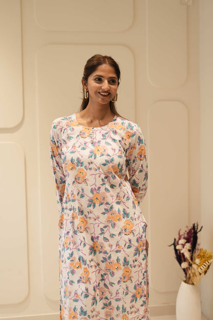 Ivory Floral Printed Straight Kurta with Three-Quarter Sleeves