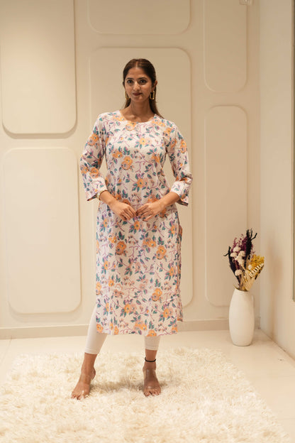 Ivory Floral Printed Straight Kurta with Three-Quarter Sleeves
