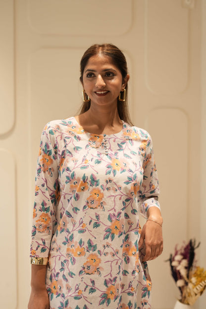 Ivory Floral Printed Straight Kurta with Three-Quarter Sleeves