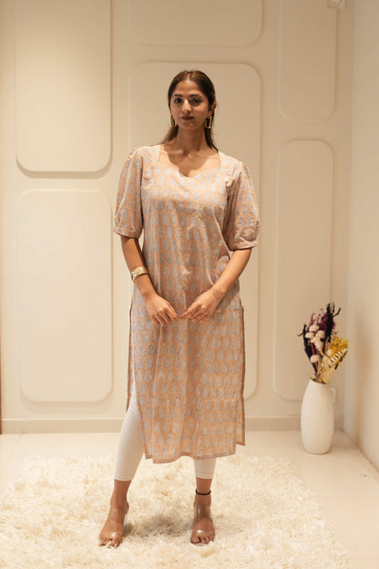 Peach Block Printed Straight Kurta with Puff Sleeves