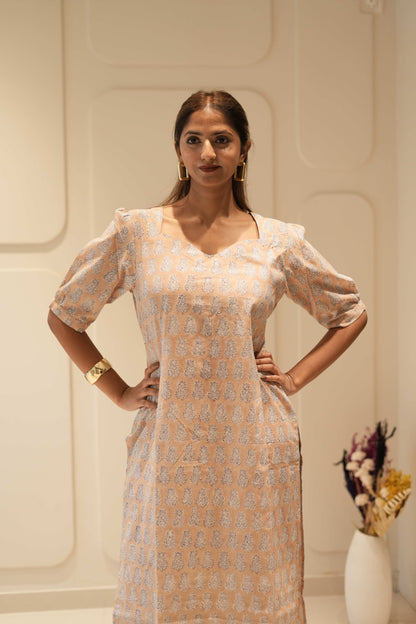 Peach Block Printed Straight Kurta with Puff Sleeves
