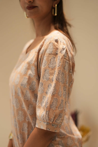 Peach Block Printed Straight Kurta with Puff Sleeves