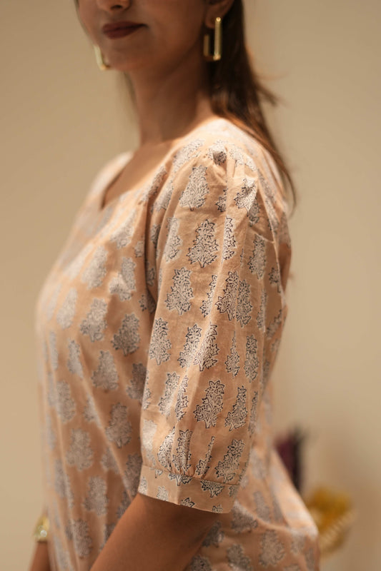 Peach Block Printed Straight Kurta with Puff Sleeves